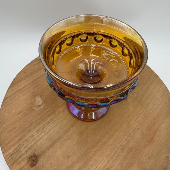 Indiana Carnival Glass Kings Crown Thumbprint Amber Compote Pedestal Candy Dish - Picture 2 of 9